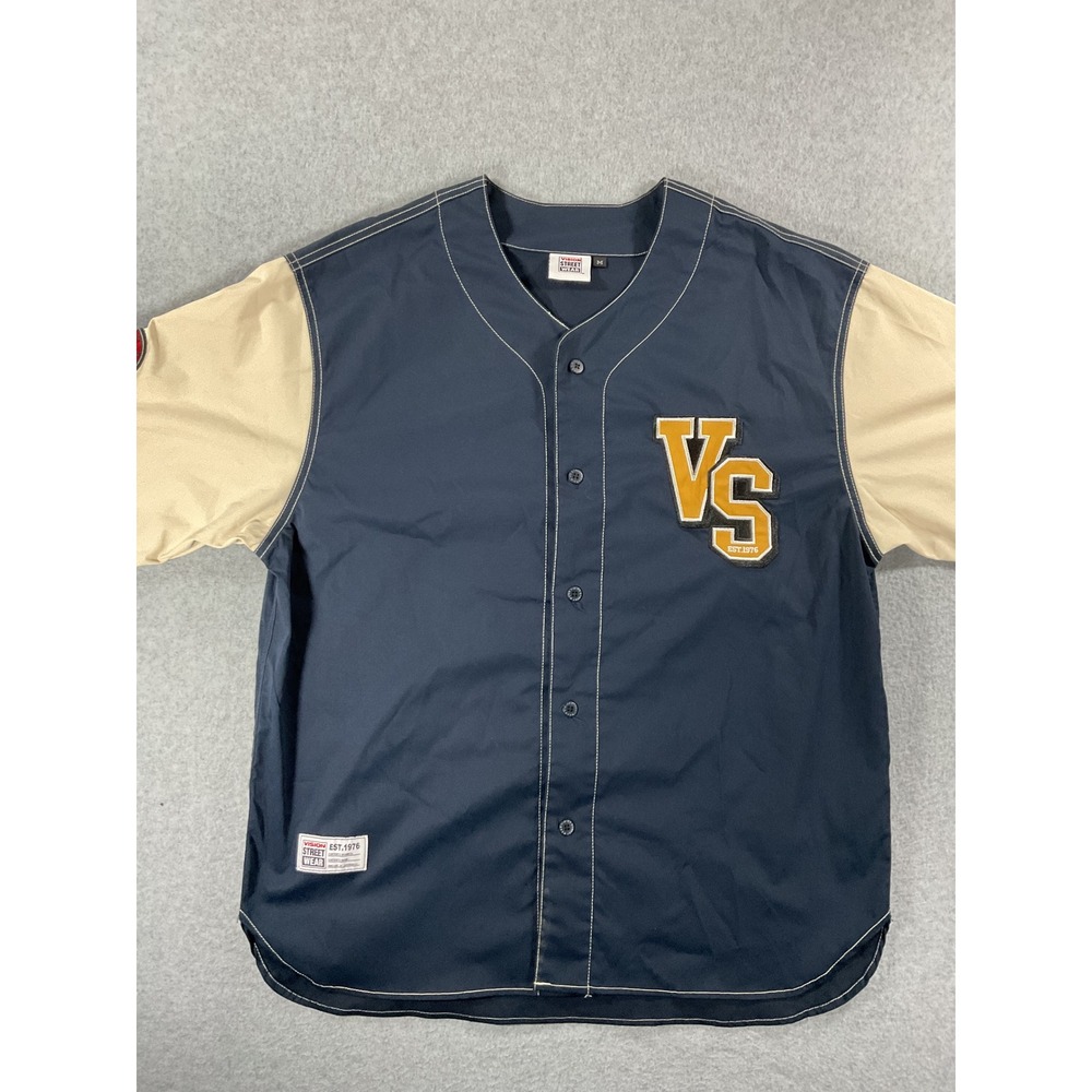 Vision Street Wear Mens Navy Blue Tan Baseball Jersey Shirt VS Patch Size M #106
